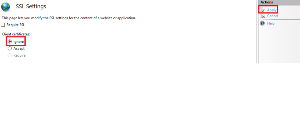 IIS Site SSL Settings Ignore Client Certificate and Apply